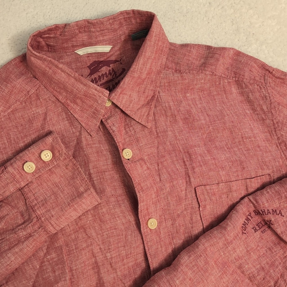 Tommy Bahama Relax Shirt Mens L Coral Pink Linen Button Up Long Sleeve Breath‎